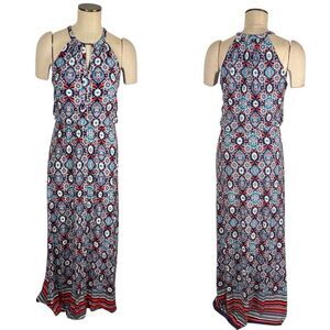 Antibes Blanc Sun Maxi Dress Size Medium Red White Blue Floral High Neck READ